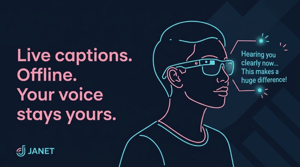Live captions offline. Your voice stays yours. Janet smart glasses with AR display.